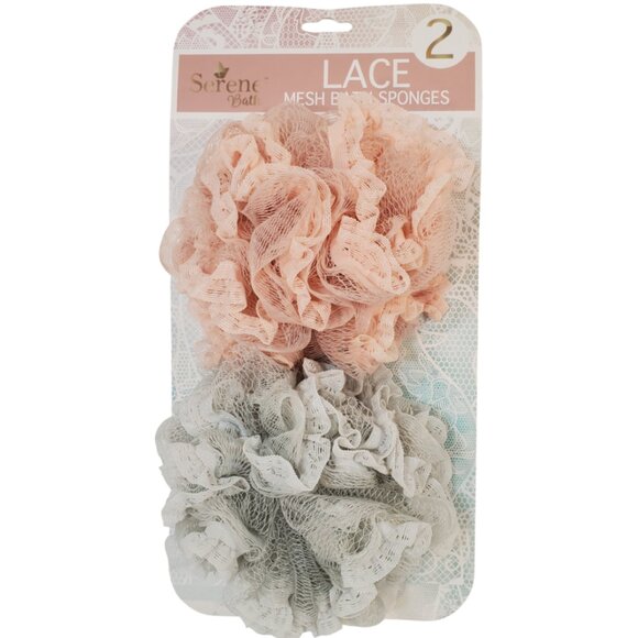 Serene Bath. Two Lace Mesh Bath Sponges. Exfoliate and Cleanses. 5" Diameter - Picture 1 of 3